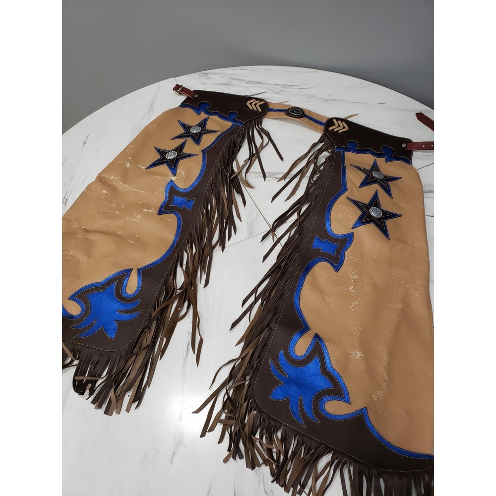 Jerry Beagley Chaps Star Cross Tan Brown Metallic Blue Kid Youth Fringe Boy Girl